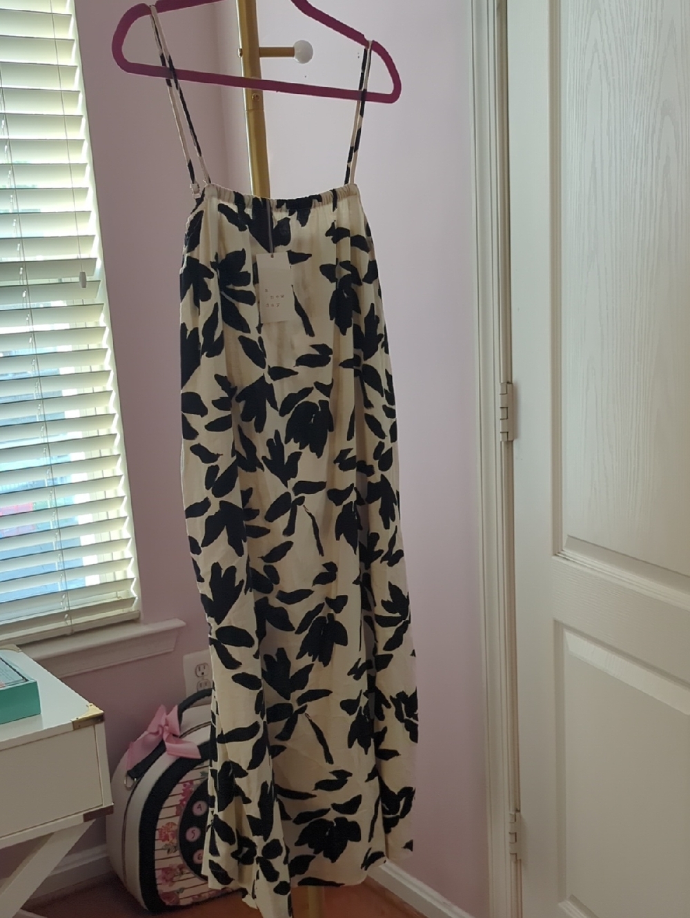 NWT!  a new day Cream Midi Dress with Black Floral Print Linen
